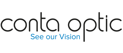 Das Conta Optic-Logo in schwarzer Schrift mit dem blauen Slogan „See our Vision“ darunter auf weißem Hintergrund.