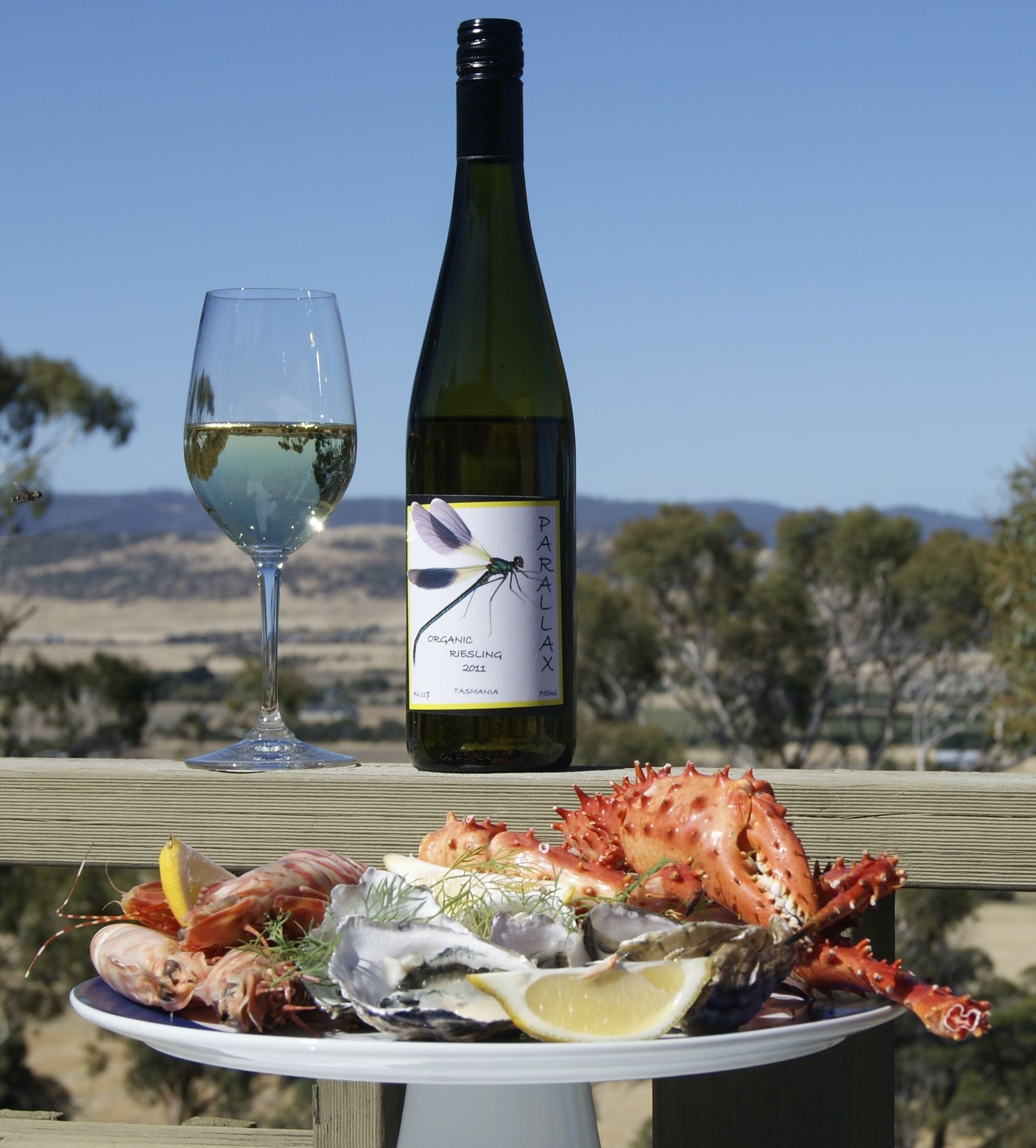 Food with bottle of wine