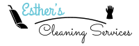 Esther’s Cleaning Services logo with a vacuum, broom, and black hand icon on a white background