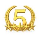 Gold number 5 surrounded by a laurel wreath and stars on a white background