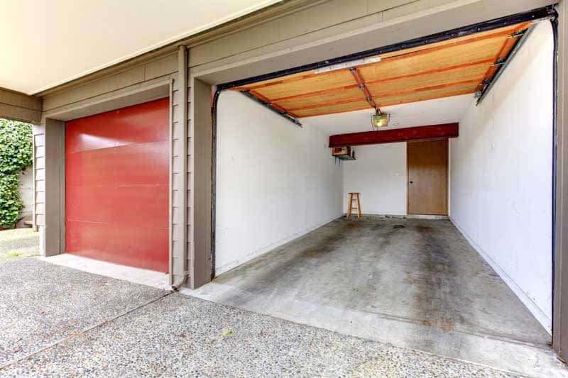 storage unit with red garage doors