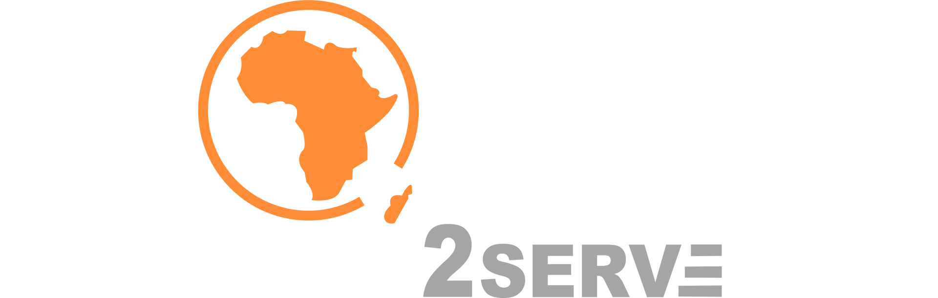 Logo with orange Africa map inside an orange and white circle and the text “2SERVE”.