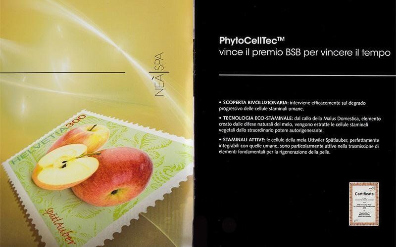 Pubblicità per PhytoCellTec con grafica a forma di mela; testo in italiano.