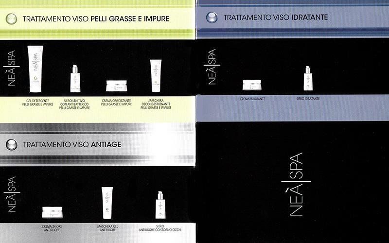 Esposizione dei prodotti per la cura della pelle Nea Spa, suddivisi in base al tipo di pelle.