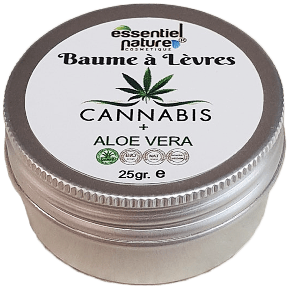 Baume à lèvres bio et vegan hydratant, réparateur et protecteur composé d'aloe vera, d'huile de chanvre (cannabis sativa), beurre de karité, beurre de cacao, d'huile de graines de tournesol et de vitamine E.