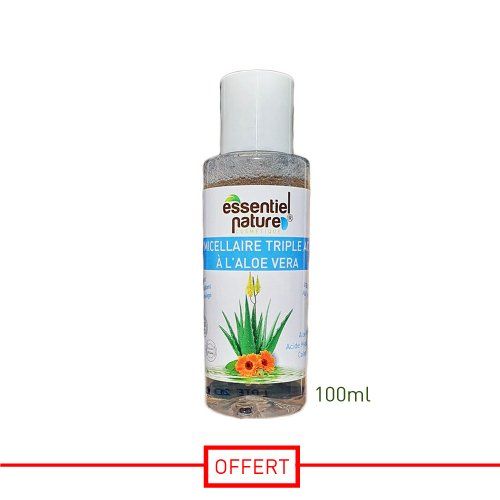 EAU MICELLAIRE ALOE VERA BIO OFFERT dans la routine peau mature Essentiel Nature Cosmétique qui comprend également un savon aloe vera, un contour yeux bave d'escargot, une crème de jour bave d'escargot, une crème de nuit a l'effet du venin de Serpent et un gel hydratant 100ml aloe vera offert également dans ce pack