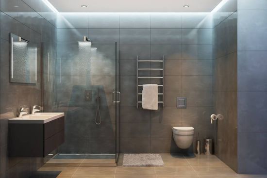 locale bagno in design con lavandino sospeso