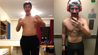 A man without a shirt is taking a picture of himself in an elevator.