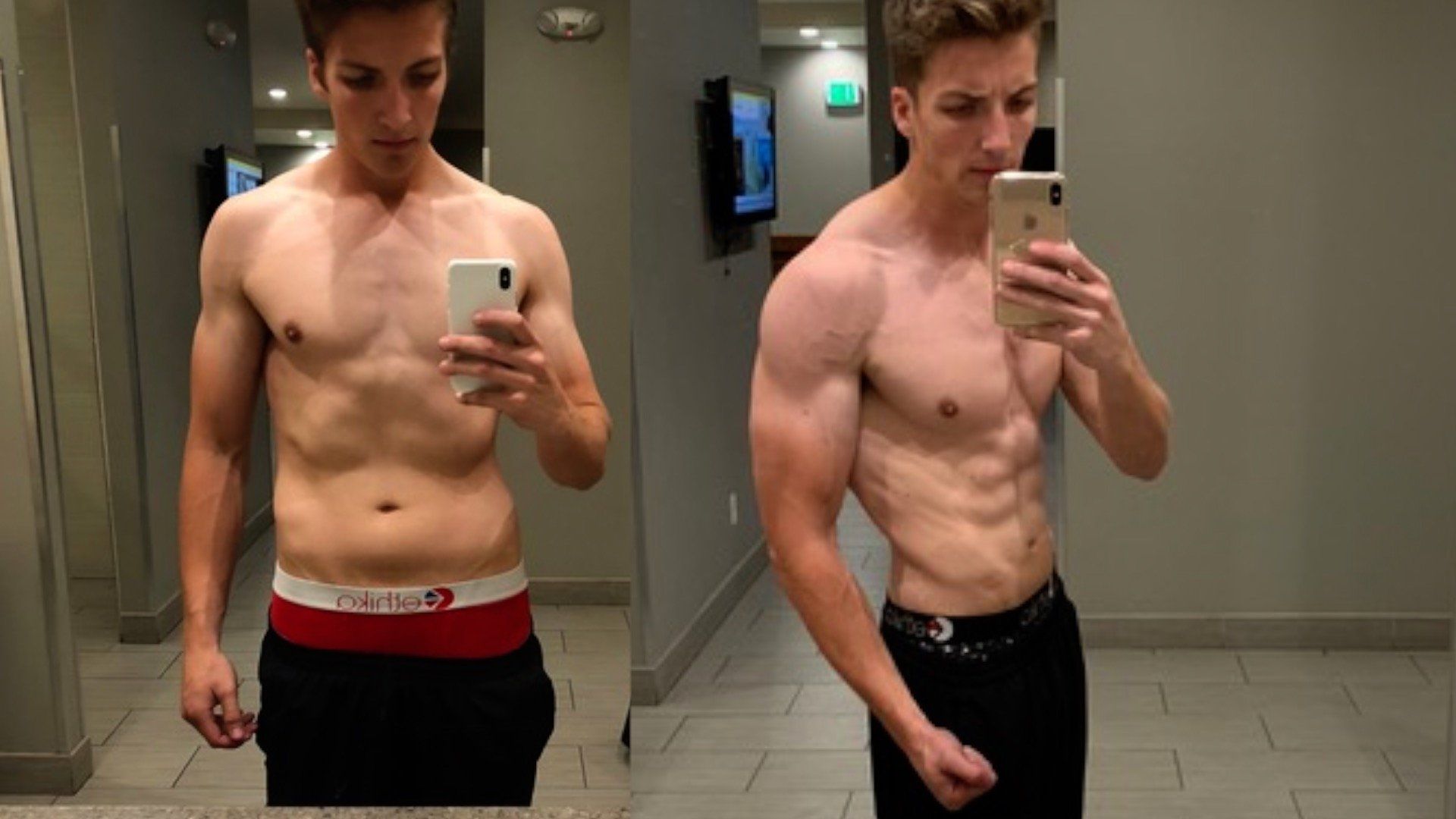 Two men are taking a selfie in front of a mirror.