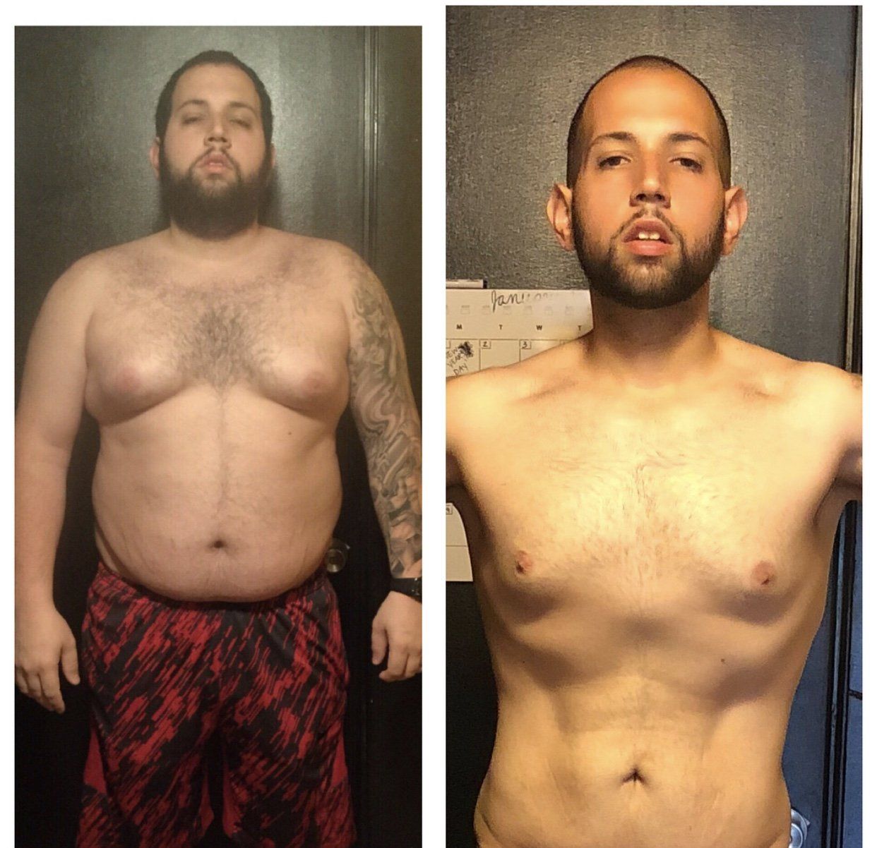 A before and after picture of a man with a beard