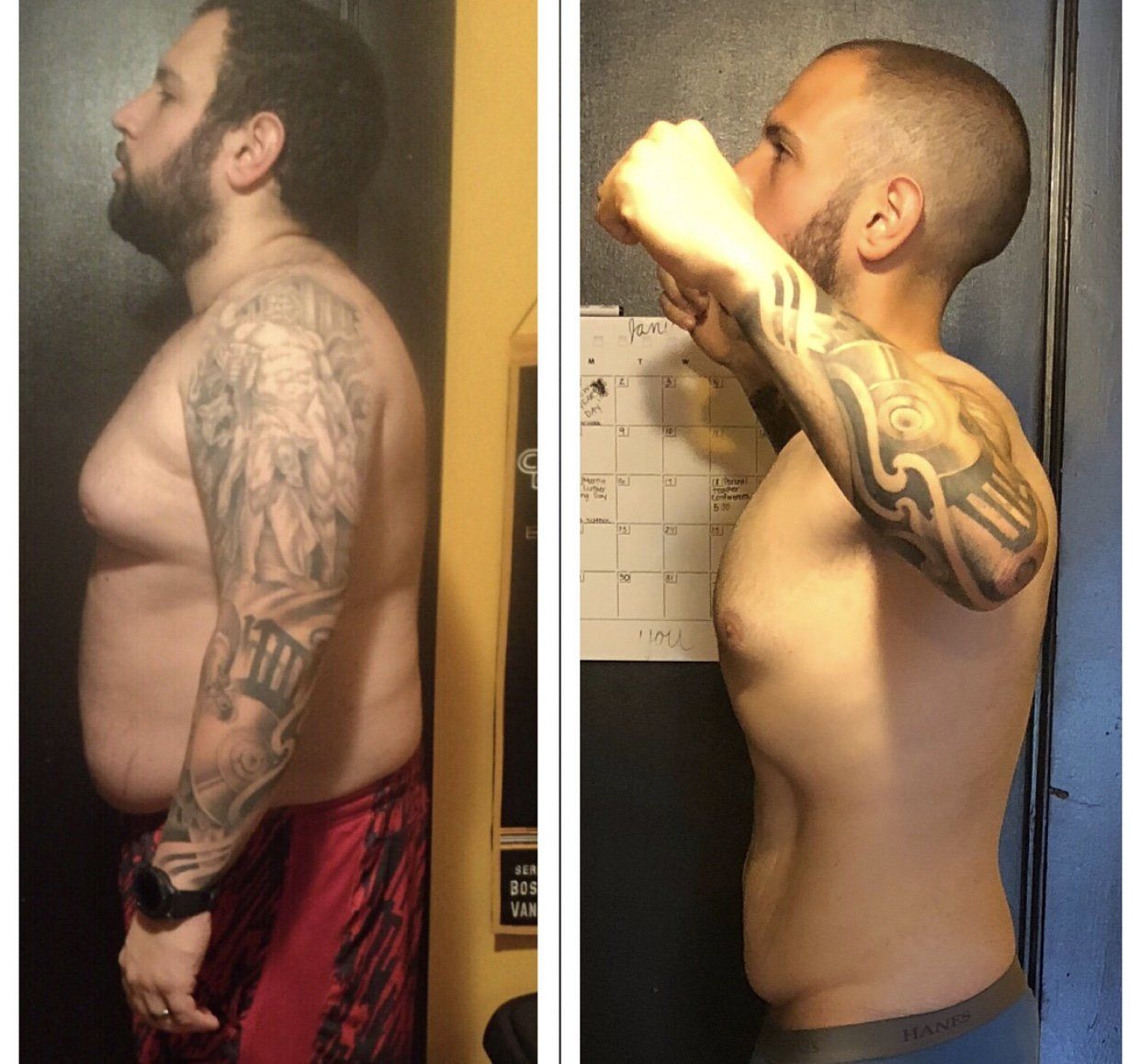 A before and after picture of a man with tattoos on his arms