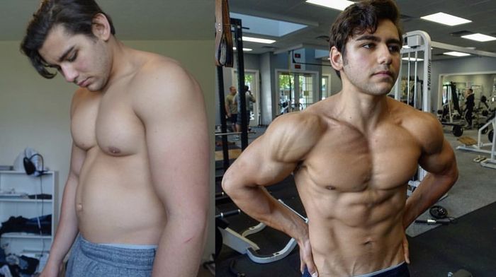 A before and after picture of a man in a gym.