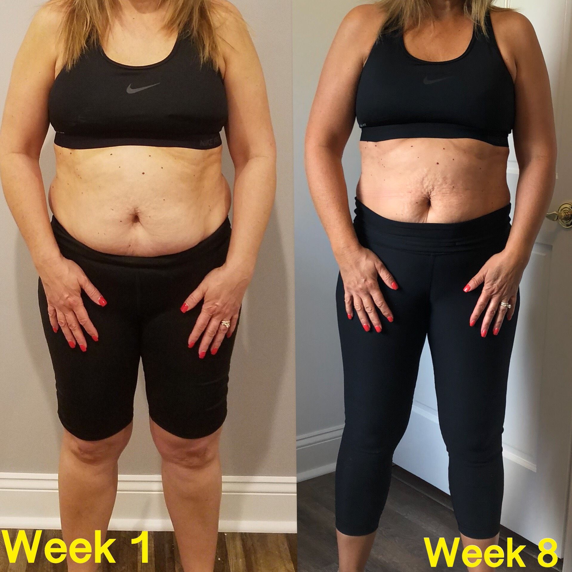 A woman is shown before and after losing weight