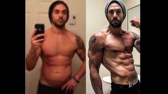 A before and after picture of a man taking a selfie in a bathroom.