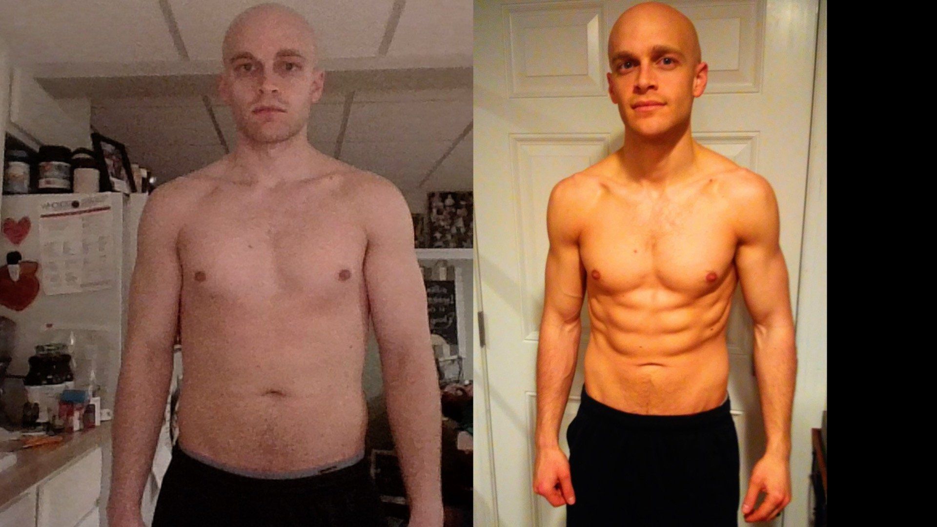 A before and after picture of a man without a shirt.