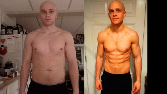 A before and after picture of a man without a shirt.