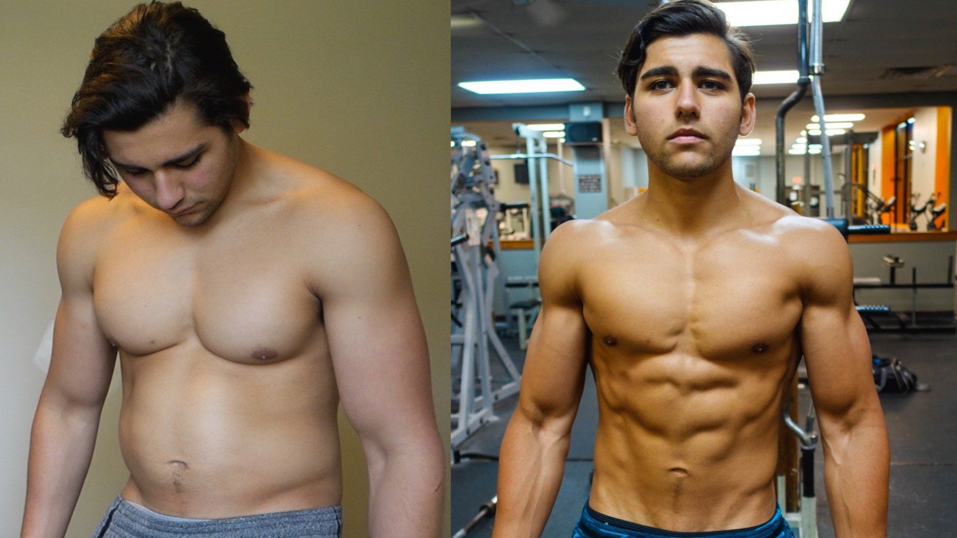 A before and after picture of a man in a gym.