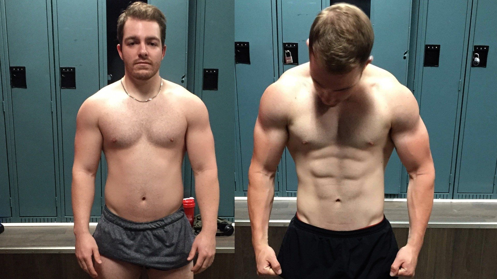 Two men are standing next to each other in a locker room.