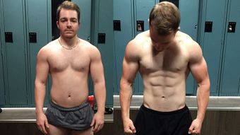 Two men are standing next to each other in a locker room.