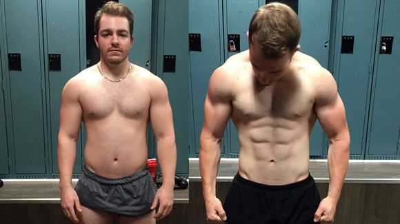 Two men are standing next to each other in a locker room.