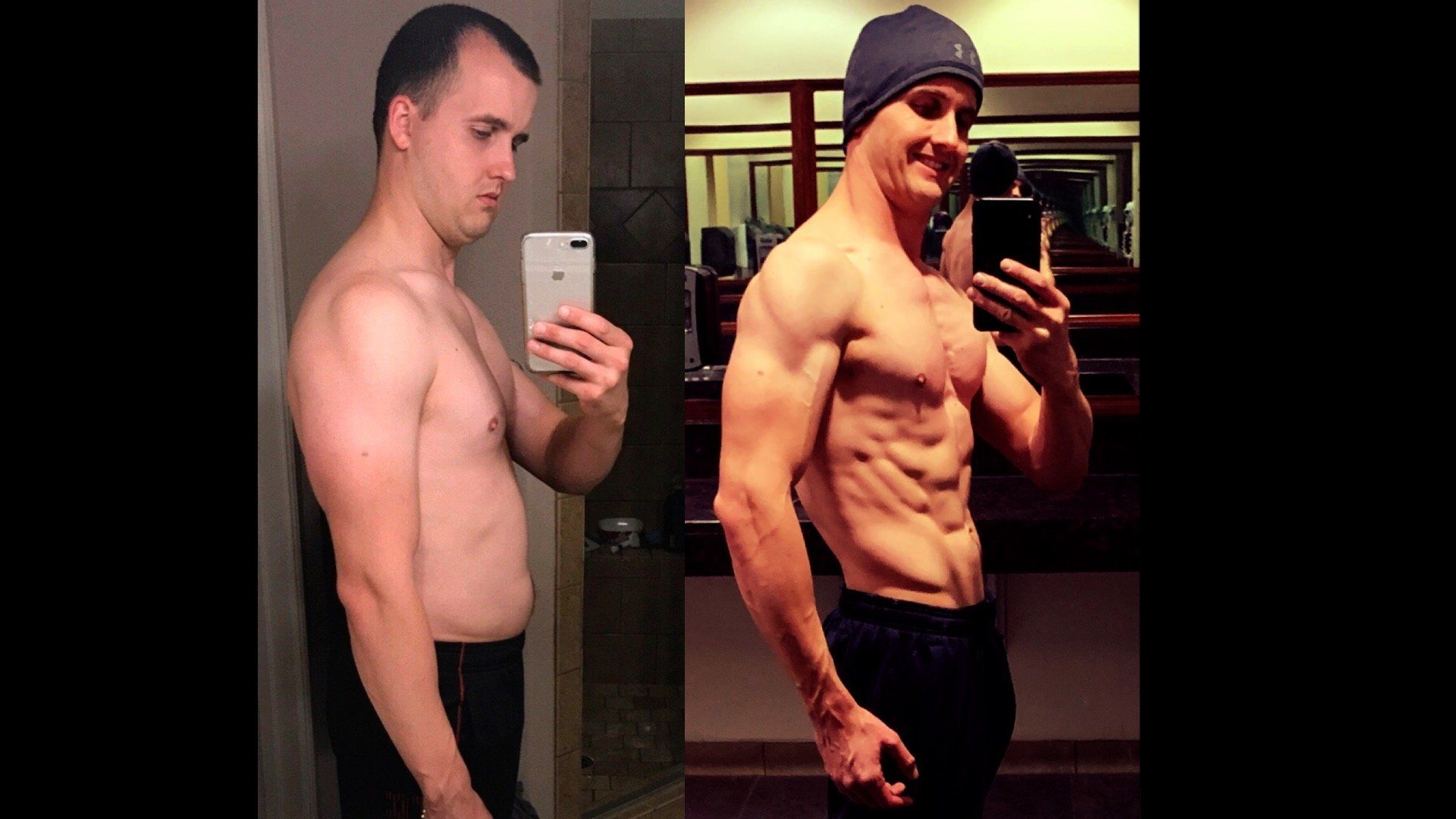 A before and after picture of a man taking a selfie in a mirror.