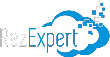 A blue and white logo for rezexpert with a cloud and squares.