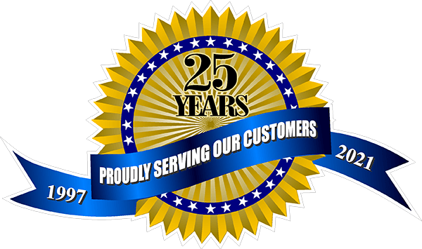 Seal celebrating 25 years of service, blue banner reading 