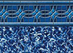 Blue swimming pool liner with geometric tile border and water pattern.