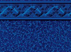 Blue pool liner with a mosaic border and wavy pattern.