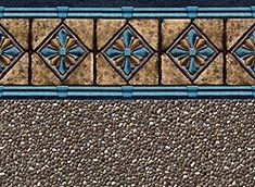 Pool liner with a patterned tile border over a pebble-like textured bottom.
