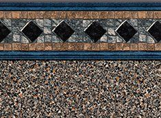 Pool liner: mosaic border with blue, black, tan, and gray colors above a speckled brown and tan wall.