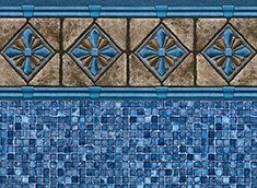 Pool liner with mosaic tile bottom and decorative border with blue and brown diamond shapes.