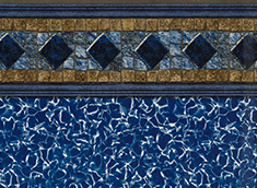 Pool liner with dark blue water pattern and mosaic tile border.