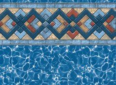 Pool liner with a patterned tile border and rippling blue water design.