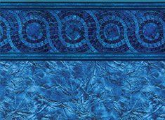 Blue pool liner with decorative mosaic border.
