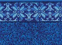 Blue mosaic border above a darker blue textured pattern.