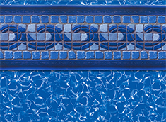 Blue pool liner with decorative tile border and water-like pattern.