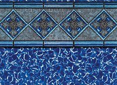 Blue pool liner with decorative tile border and water pattern.