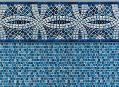 Blue mosaic tiles on a pool liner, with a decorative upper border.