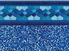 Pool liner: blue water pattern with mosaic tile border in shades of blue.