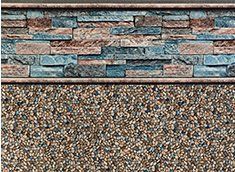Pool liner with textured stone wall design and pebble bottom.