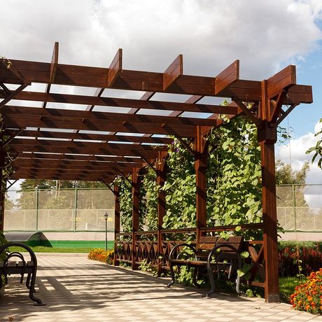 wooden arbour in backyard setting