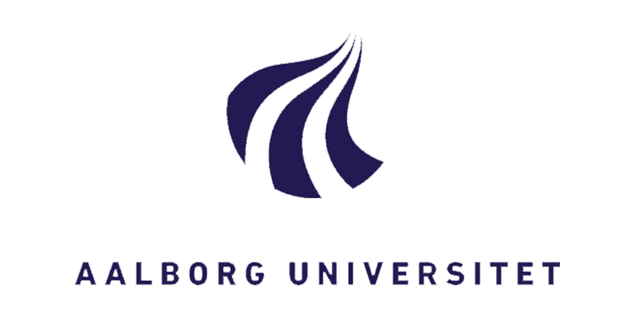 The logo for aalborg universitet is blue and white