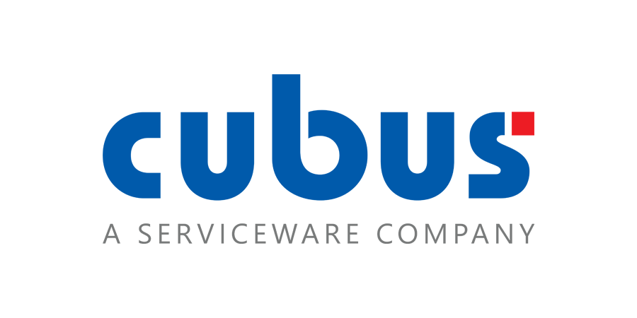 The logo for cubus a serviceware company is blue and white.