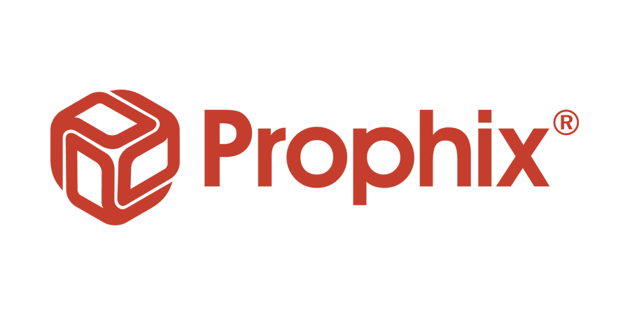 The logo for prophix is a red cube with the word prophix on it.
