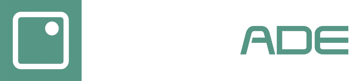 A green and white logo with the word ade on it