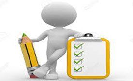 White figure with crossed legs holding pencil, leaning against clipboard with four checked boxes.