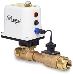 Brass valve with white floLogic control box, with cables and connectors attached.