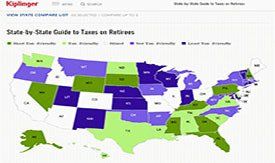 Map showing U.S. states color-coded by tax friendliness for retirees. Green=Most Friendly, Purple=Least Friendly.