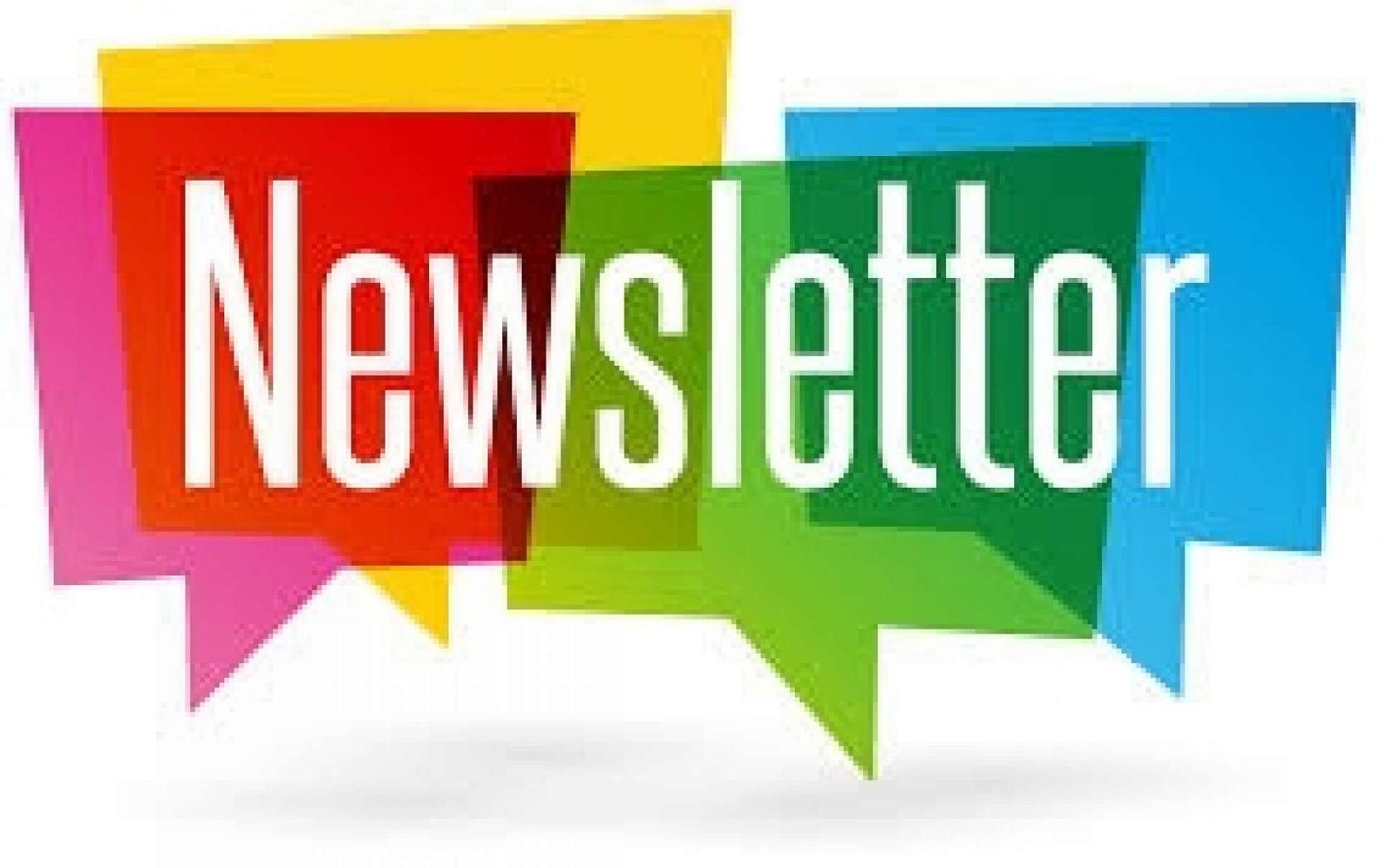 Newsletter title in white text over colorful overlapping speech bubbles.